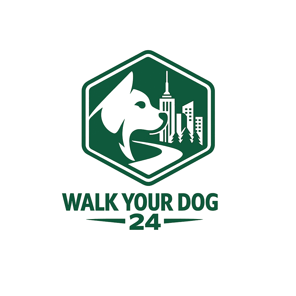 Logo for Walk Your Dog 24 with dog and cityscape elements in hexagon