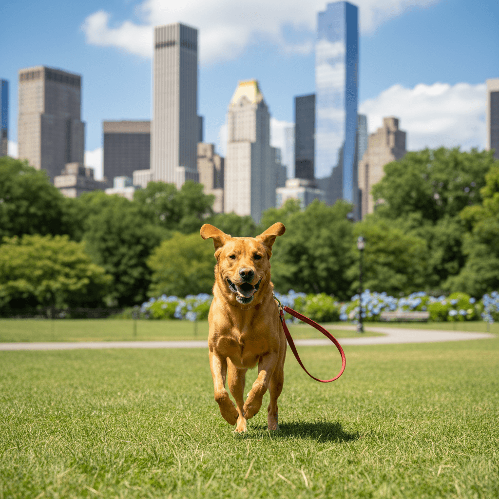 Energetic dog running in a New York City park during a walk