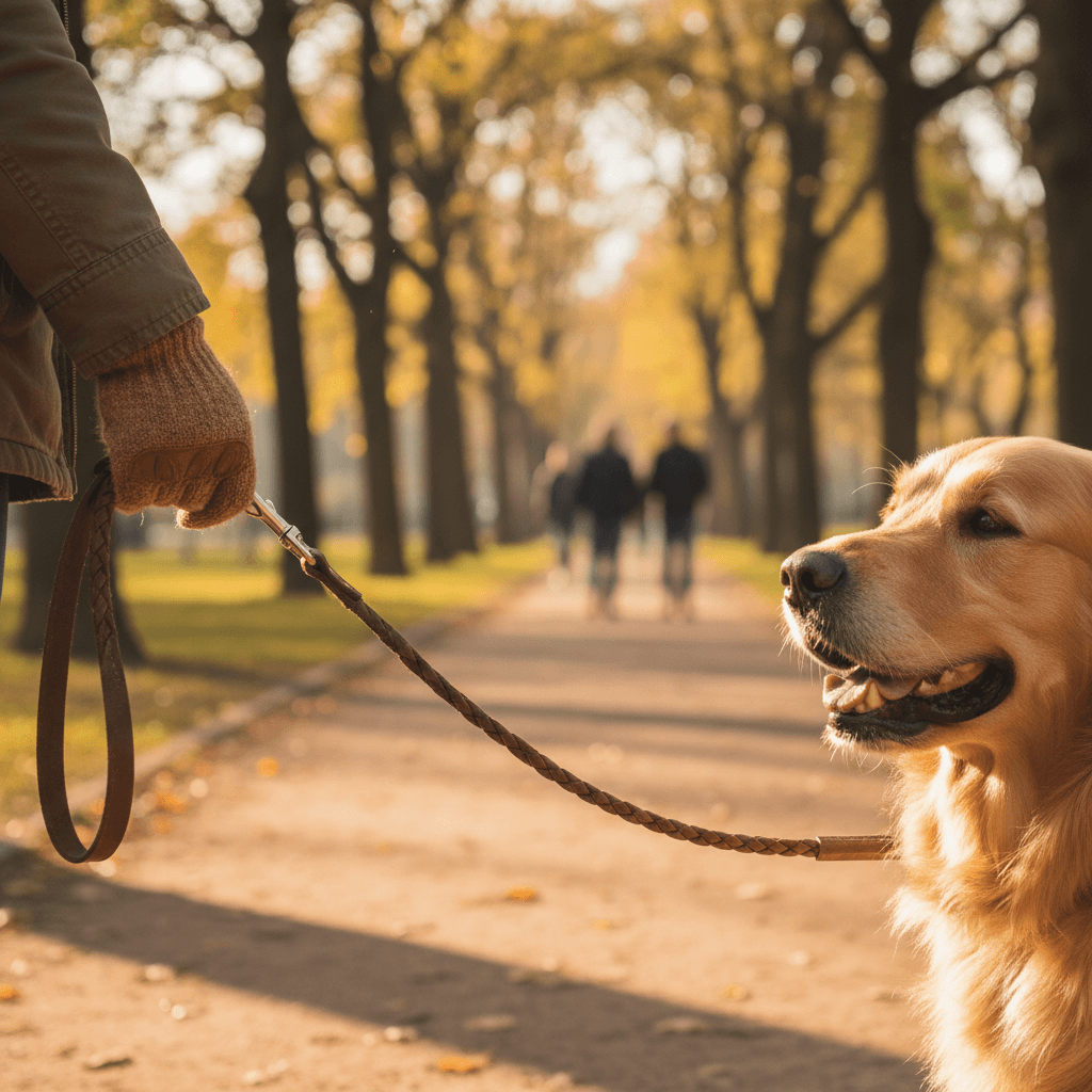 Dog walker confidently managing an active walk