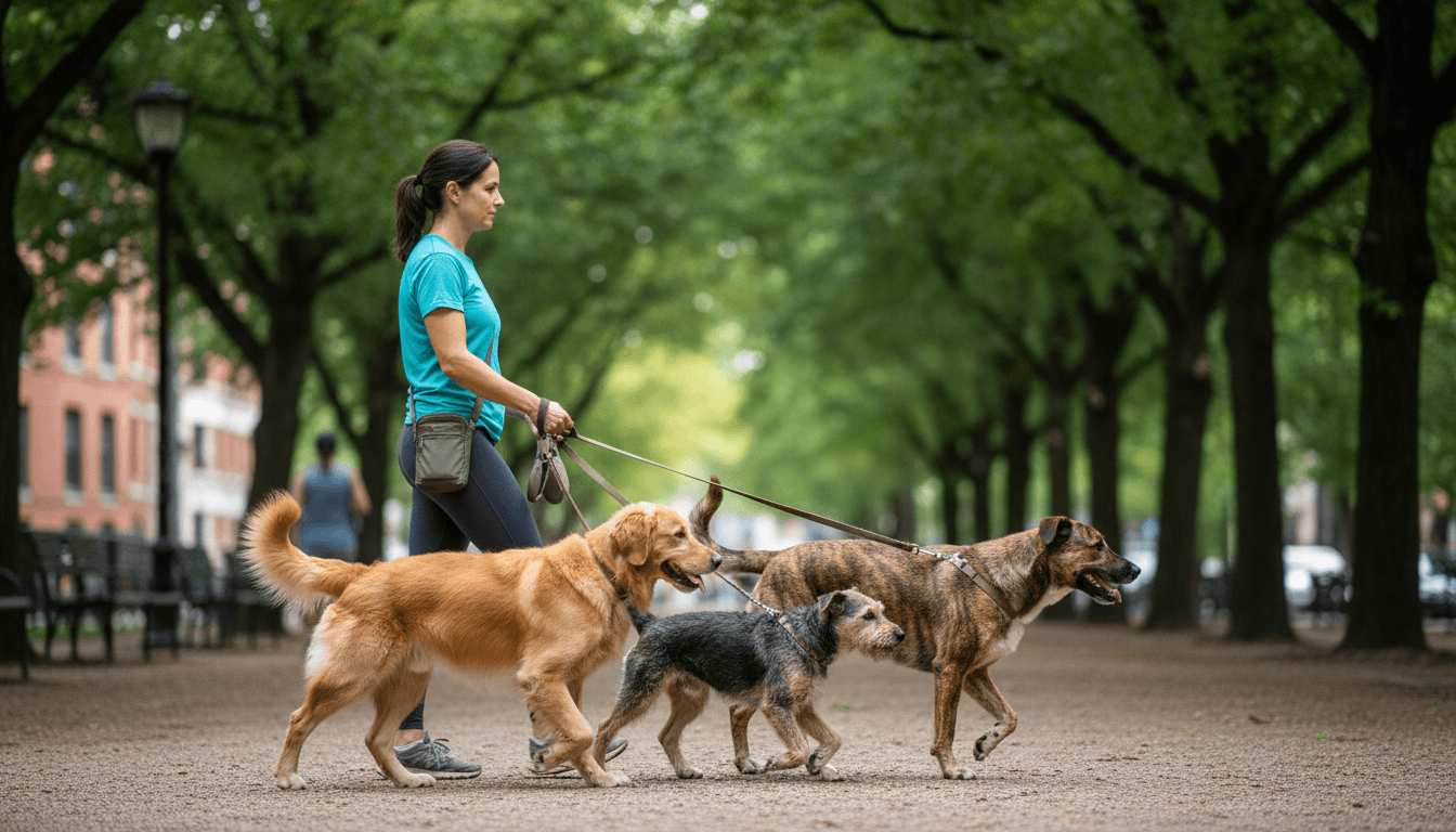 Dog walker leading two dogs down a New York street in natural morning light