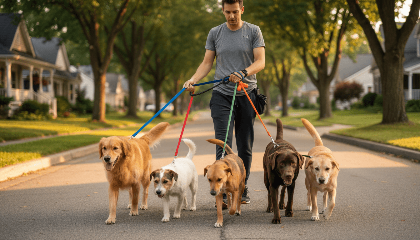 Professional dog walker managing multiple dogs on a city street